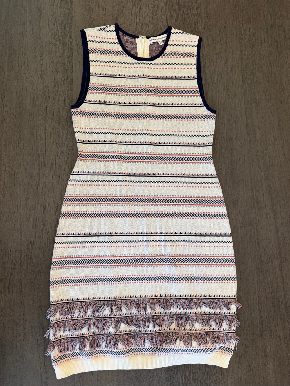 cupcakes & cashmere Ivory Striped Fringe Knit Dress with Navy Trim